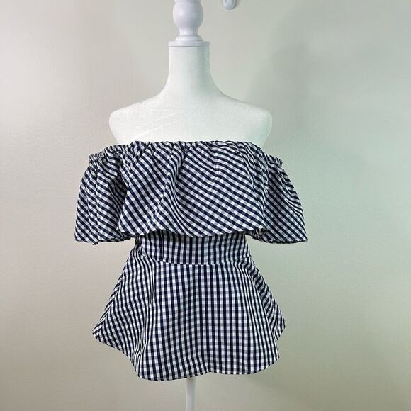 Boston Proper Off Shoulder‎ Gingham Peplum Top Size 8 Navy Preppy Country Ruffle - Picture 1 of 10